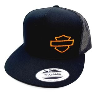 Harley Bar & Shield Flat Bill Snapback Baseball Cap Hat Black Embroidered